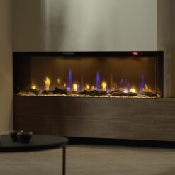 Dimplex Ignite Bold encastrée en mode 2 faces avec sa double rangée de flammes